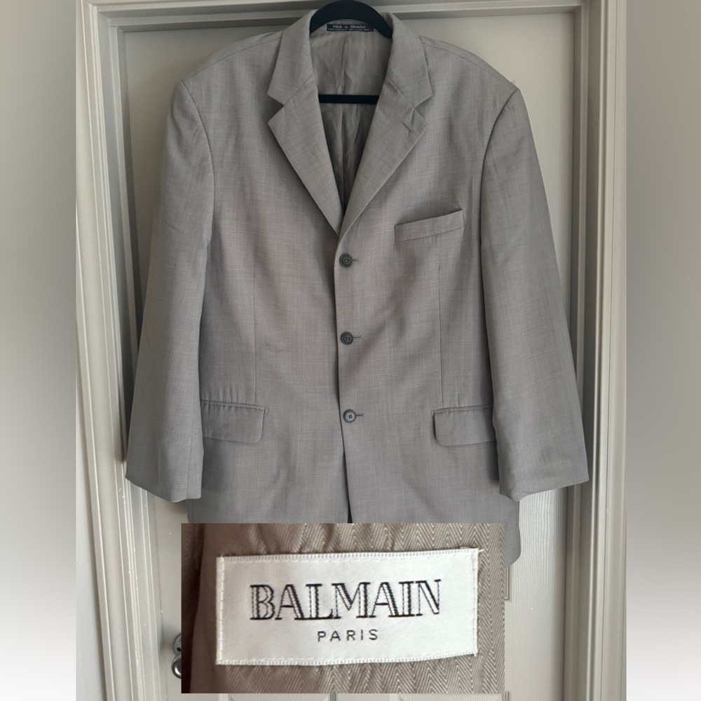 BALMAIN Paris Mens 44 L Gray Worsted Wool Blazer Sport Coat 3 Button Jacket
